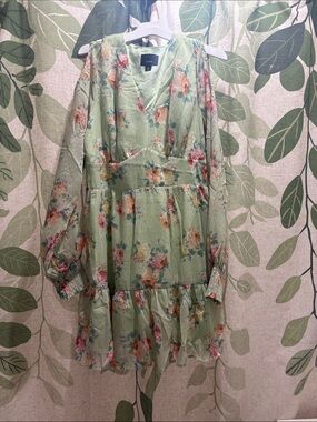 Lumière Light Green Floral V-Neck Tiered Dress